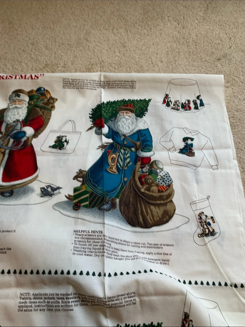 Olde Father Christmas Holiday Fabric Panel - Red & Green Santa Print 16 panels